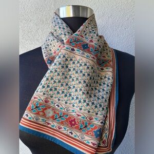 Oscar de la Renta Square Maroon Beige Navy Silk Floral Scarf 24” x 24”